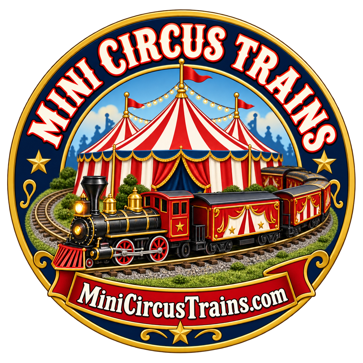 Mini Circus Trains round logo with big top and miniature train